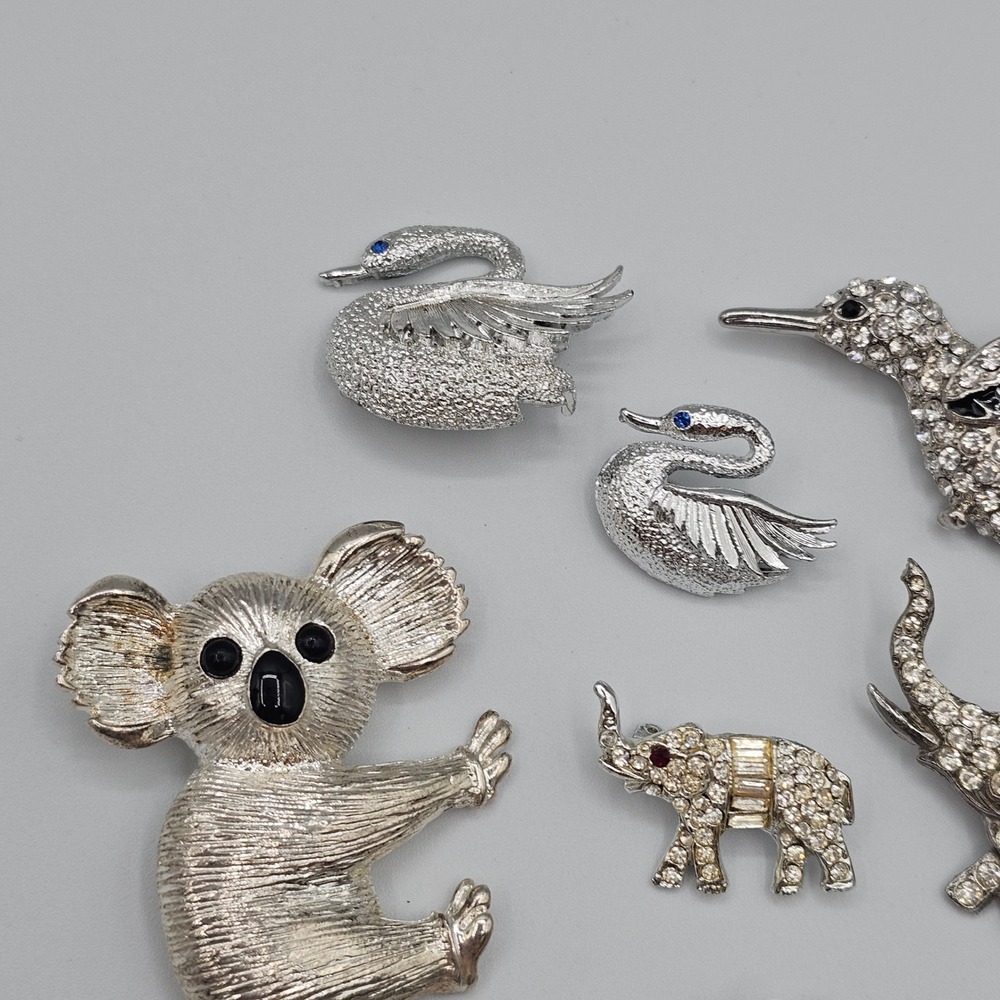 Vtg Lot Silver Tone Black Rhinestone Animal Brooch Figural Elephants Birds Koala - Picture 9 of 16
